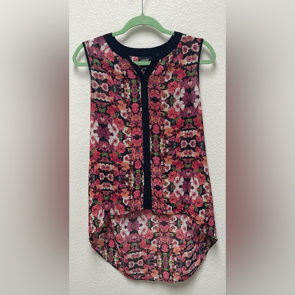 Nicole by Nicole Miller Floral Semi Sheer Sleeveless Hi Low Top Pink and Black